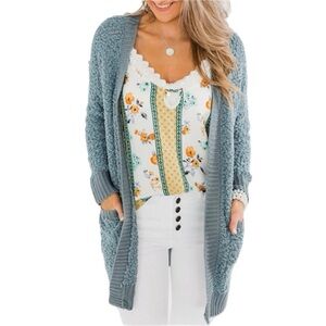 NWT Steel Blue Popcorn‎ Knit Open Front Cardigan M